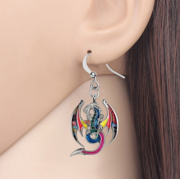 Handmade Jewelry - Dragon Dangle Earrings, Enamel Alloy Earrings, 3.3 cm.
